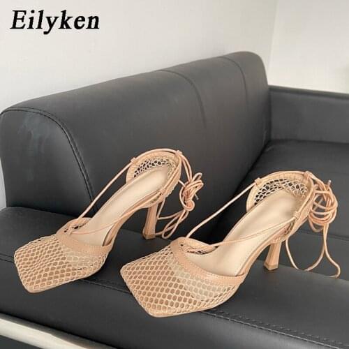Eilyken Summer Sexy Hollow Mesh Pumps Ankle Lace Up Sandals New Female Square Toe Cross-tied Thin High Heels Party Dress Shoes