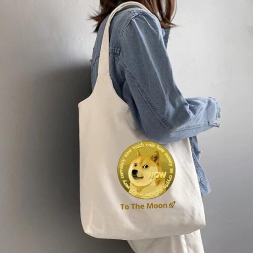 Canvas Shopping Recycle Bag for Women Handle Dogecoin Print Handbag Canvas Bag Big Vintage Fashion Shoulder Bag Tote for Man