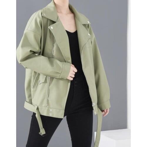 Pu Leather Jacket Women Autumn Loose Turn-down Motorcycle Short Coat Bright Colors Boyfriend Punk Faux Leather Outwear