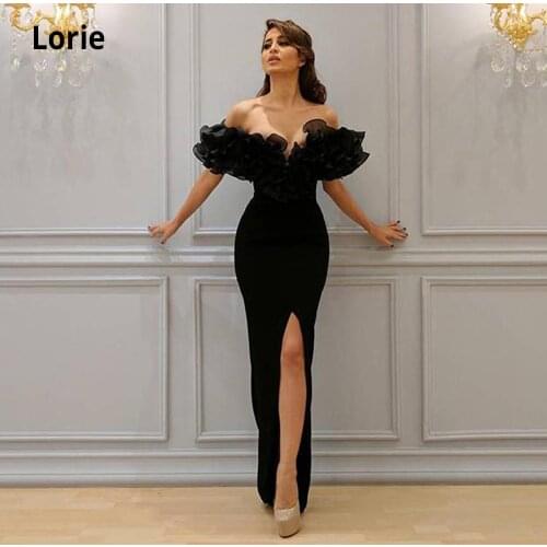 LORIE 2020 Black Mermaid Evening Dresses Off the Shoulder Sleeveless Open Back Trumpet Evening Gowns Party Dresses Front Split