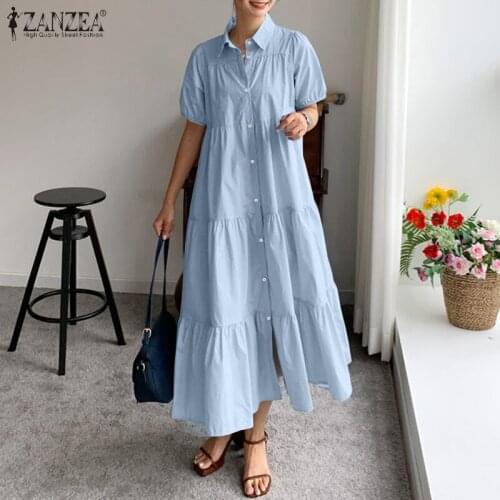 Fashion Summer Dress Women Ruffle Sundress ZANZEA 2021 Puff Sleeve Maxi Vestidos Female Solid Holiday Casual Robe Femme Oversize