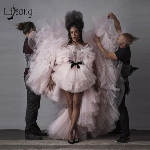 Fashion Pink High Low Puffy Tutu Prom Dresses Ruffles Tiered Long Bow Prom Gowns Off The Shoulder Vestido Formatura