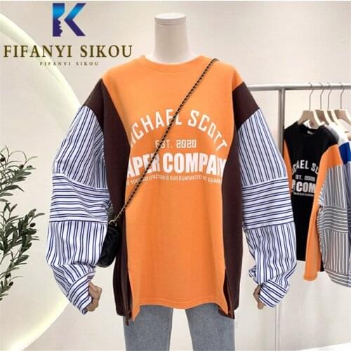 Fashion Patchwork Sweatshirt Women Letter Print Hoodies Stripe Spliced Long Sleeve O-Neck Pullover Female Loose Tops Sweatshirts