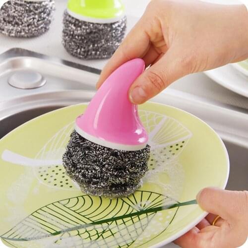 HobbyLane Steel Wire Ball Cleaning Brush Handle Kitchen Cleaner Tool for Washing Pot Dish Pan Bowl