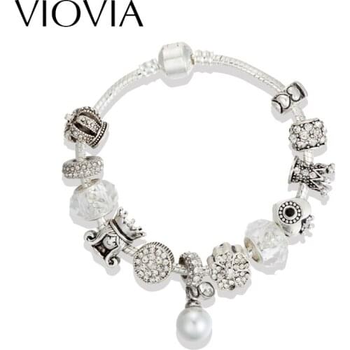 VIOVIA Christmas Gifts Pearl Charm Bracelets & Bangles White Crystal Crown Beads Bracelets For Women Pulsera DIY Jewelry B16158