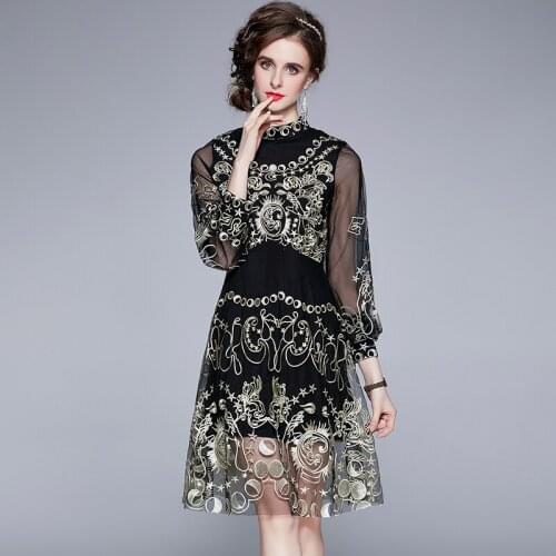 High-end Mesh Embroidery French Dress Women Knee-Length Embroidery Vintage Midi Dress Turtleneck Summer Office Lady Sexy Dresses
