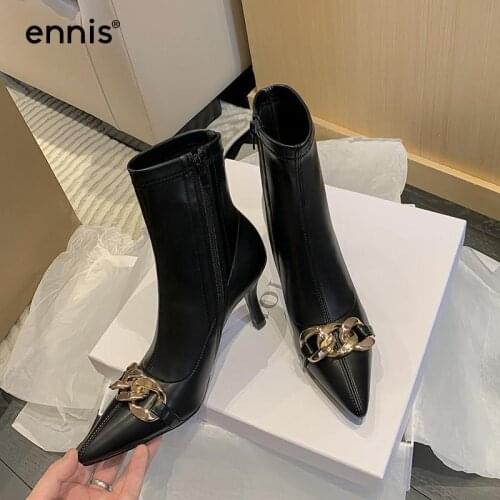 ENNIS Designer Shoes High Heeled Ankle Boots Women Pointed Toe Thin Heels With Metal Chain Zipper Booties Autumn Winter Boots