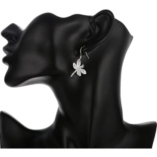 Women Cubic Zirconia Inlaid Silver Plated Dragonfly Drop Dangle Hook Earrings Jewly gift