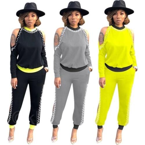 Adogirl Beading Decoration Two Pieces Set Tracksuits Shoulder Hollow Out Tops Side Split Pants Suit Women Casual Streetwear