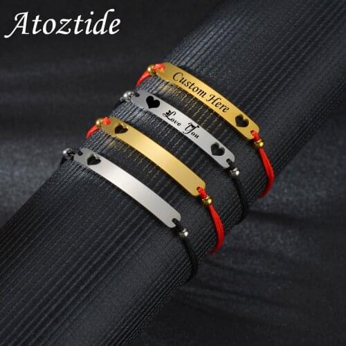 Atoztide Custom Engrave Hollow Heart Leather Cord Nameplate Bracelet Stainless Steel For Women Adjustable Jewelry Gift