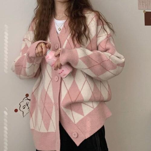 Argyle Cardigan Women Knitted Sweater Loose Single Breasted Students V-neck Knitwear Korean Oversize Cardigan Winter Tops 17068