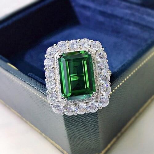 Vintage 100% 925 Sterling Silver Created Moissanite 10*14mm Emerald Rings For Women Sparkling Wedding Party Fine Jewelry Gift