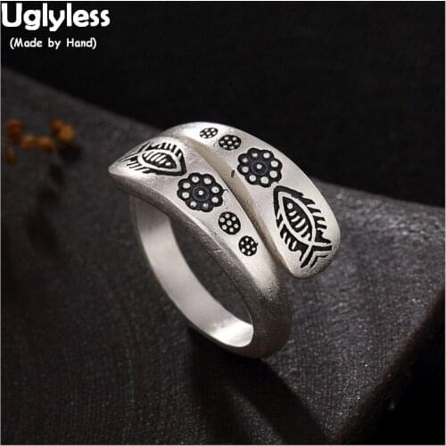 Uglyless Real 990 Silver Jewelry Engraved Tribe Totem Fishes Flowers Opening Rings Women Thai Silver Ethnic Ring Vintage Bijoux
