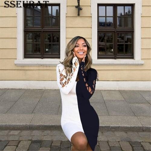 SSEURAT Summer 2021 Women Sexy Dress Fashion Summer Black White Stitching O-Neck Long Sleeve Sexy Office Dresses Vestidos