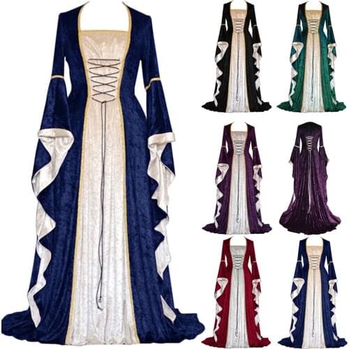 Womens Vintage Dress Medieval Floor Length Renaissance Gothic Cosplay Dress Vestido Mujer Pleated Ruffle Sleeve Party Dress #G2