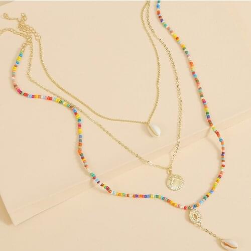 3 Pcs/Set Beach Style Fashion Natural Shell Pendant Necklace Women Boho Ethnic Handmade Beaded Long Metal Chain Layered Necklace