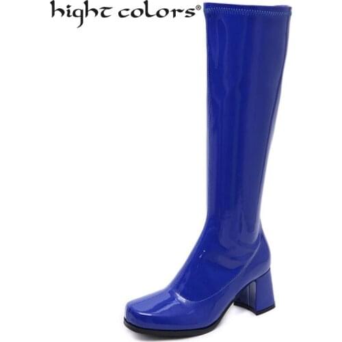 (33~43)Patent Leather Womens Rain Zip Knee High Boots Fashion Square Heel Casual Blue Purple Women Shoes To-906