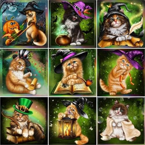 Huacan Diamond Painting Cat Cross Stitch Full Square Drill Diamond Embroidery Halloween Mosaic Magic Wall Stickers