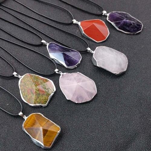 Irregular Plaing Edged Raw Healing Crystal Quartz Stone Pendant Necklace Wholesale Rope Chain Charms Jewelry
