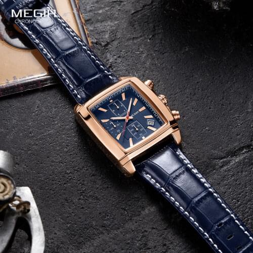 Megir 2020 New Top Brand Men Blue Rectangle Quartz Watches Chronograph Army Military Luminous Male Clock Reloj Hombre ML2028G
