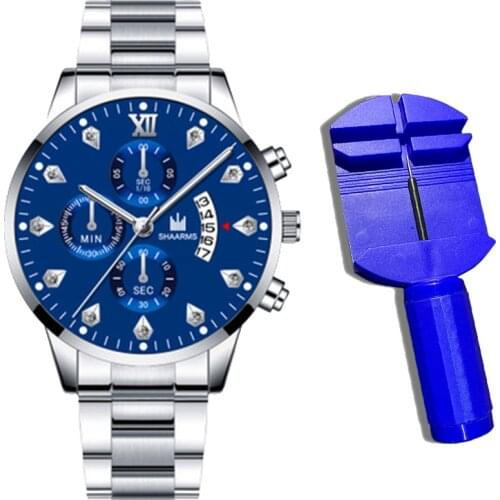 2021 Luxury Brand SHAARMS Alloy Strap Mens Watch Diamond Waterproof Quartz Watch for Mens Analog Three-eye Calendar Male Clock