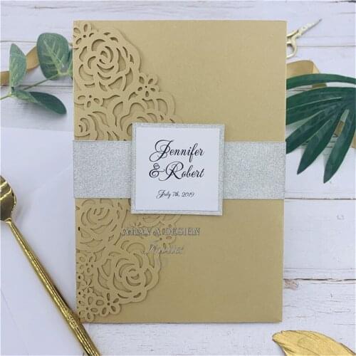 DIY Kit Laser Cut Wedding Invitations Stationery Glitter Silver Gold Lace Pocket