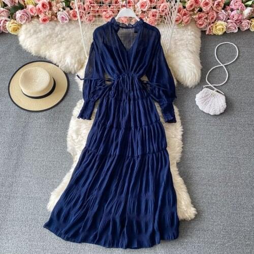 High Waist Elegant A-Line Long Sleeve Dresses Party Spring Autumn Vintage Luxury 2021 Solid Blue Beach Chiffon Clothing Women