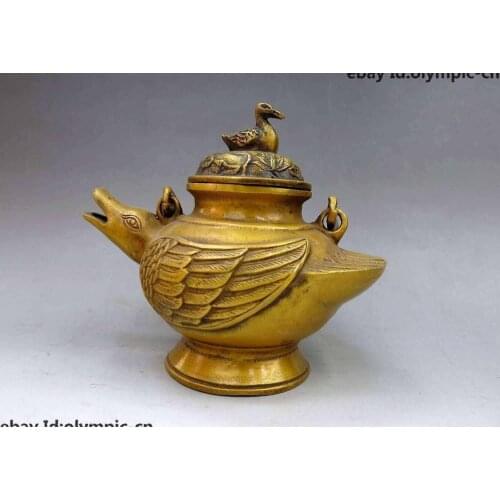 China bronze gild carved beautiful two duck sculpture Teapot pot Statue
