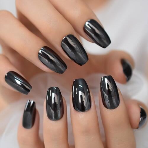 Metallic Mirror Effect Gray Black Metal Plating Square Press on False Acrylic Punk Nail Tips Ballerina Coffin Fake Finger Nails