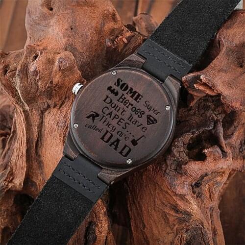 Quartz Wooden Watches Mens Genuine Leather Band Timepiece Personalized Engraved Dad Theme Natural Stylish Wood Watch Best Gifts