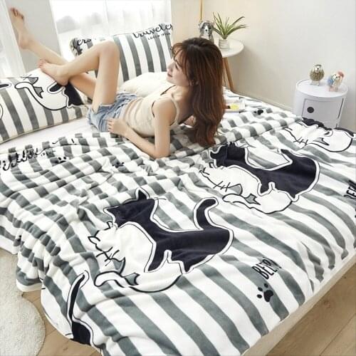 Cartoon Cat Soft Print Double-side Thicken Blanket Throws Flannel Fleece Microfiber Pineapple Black White Striped Bedsheet