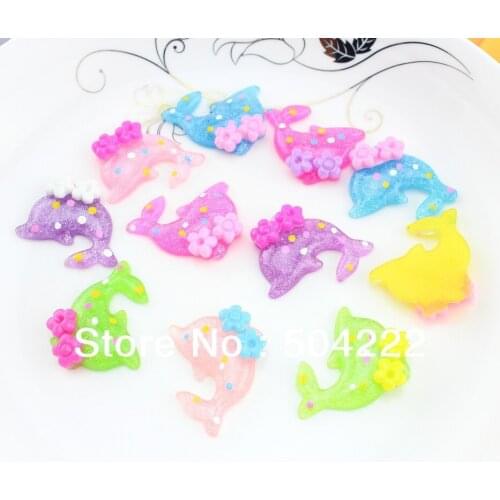 Set of 50 pcs large Glitter Resin kawaii Dolphin with flower and polka dot cabochons pendants hair bow diy 1.45inch-SZ0568