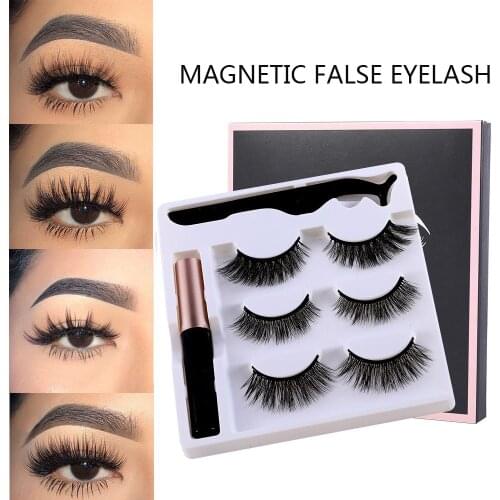 3 Pairs 3D Mink Magnetic Eyelashes Set Magnet Eyeliner Handmade False Eyelash Extension Waterproof Liquid Eyeliner Tweezers Kit