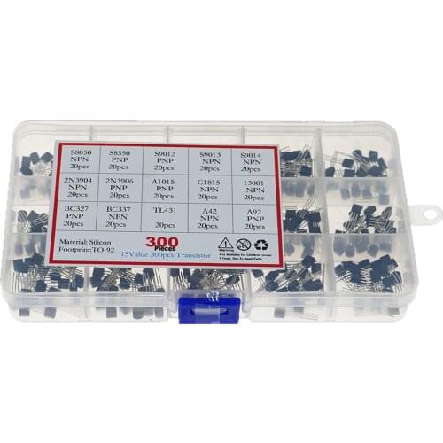 300pcs 15 Values Transistor Assorted Kit TO-92 S9012 S9013 S9014 S8050 S8550 2N3904 2N3906 BC327 BC337 TL431 MPSA42 MPSA92 A1015