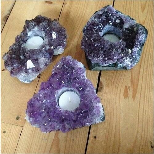 AMETHYST CRYSTAL CLUSTER TEA LIGHT CANDLE HOLDER GEODE HEALING NEW AGE PAGAN