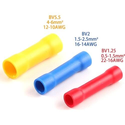 PVC Copper Conductor Insulated Straight Wire Butt Connectors Electrical Wire Cable Crimp Terminals Set BV1.25 Red BV2 Blue BV5