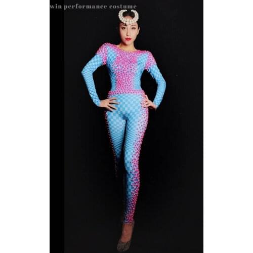 Pink Pearls blue plaid spandex jumpsuit female singer dancer costume nightclub leggings wear tight leatard