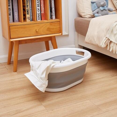 Foldable Plastic Storage Basket Bathroom Large Laundry Basket Clothes Storage Bucket Camping Outdoor Travel Portable Bucket Grey