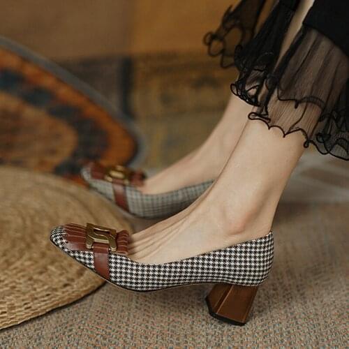 Genuine Leather Shoes Women Fashion Tassel Beads Spring Pumps Square Toe Slip-On Casual Shoes Thick Heel Plus Size 34-39