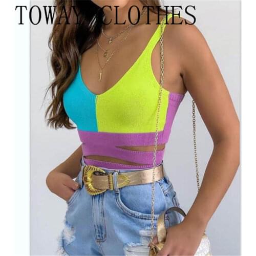 Summer Women V-Neck Colorblock Strap Sleeveless Slim Tanks Sexy Tops Chic Blouse