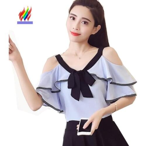 3 Colors Cute Sweet Tops New 2018 Women Korea Fashion Chiffon Blouse Shirts Pink Blue White Ruffled Open Off Shoulder Shirts Bow