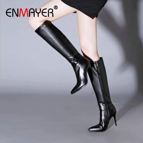 ENMAYER Thin High Heel Boots Sexy PU Sewing Pointed Toe Knee-High 2020 Winter Shoes Women Round Toe Fashion Women Shoes 34-43
