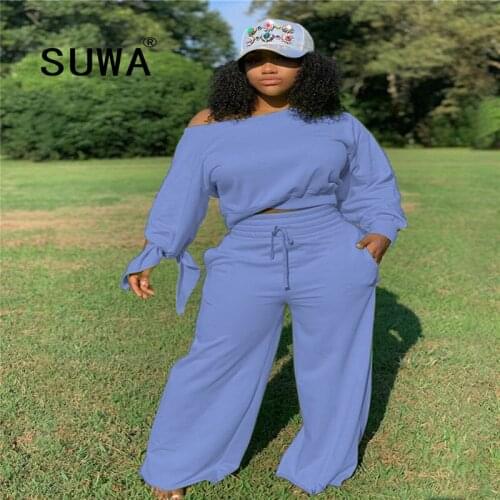 New Product Autumn Neon Clothes Women Two Piece Set Long Sleeve Pullover Tunic + Wide Leg Pants Trousers Office Lady 2 Pieces