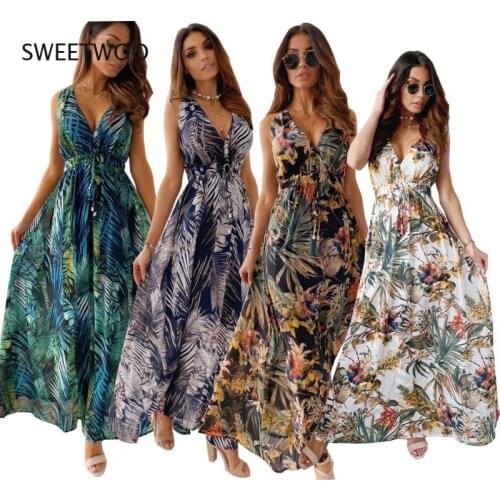 2021 European and American Summer New Sexy Casual Sleeveless V-Neck Printed Halter Strap Dress 4 Colors 5 Yards