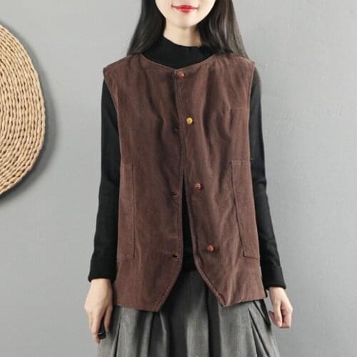Women Corduroy Vests Vintage Coats 2020 Autumn New Plate Buttons Sleeveless Pockets Solid Color Warm Casual Women Vests 11860