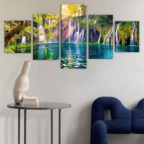 5 Piece Large Wall Art Split Waterfall Sunshine Scenery Picture HD Prints Nature Waterfall Painting Canvas Framed Living Room