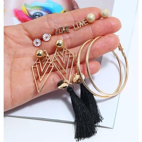 6 pair set personality statement earrings for women with triangle /flower/ ball and fringe design in gold tone female Kolczyki