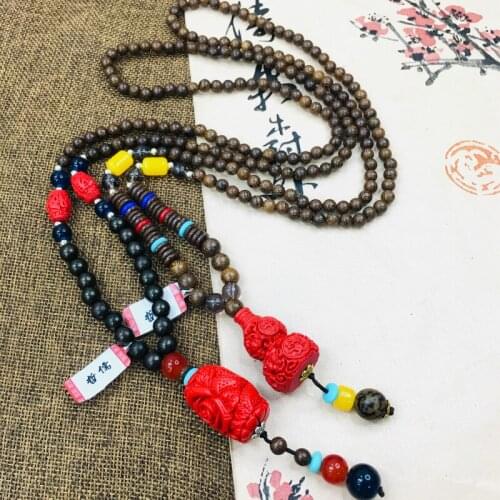 Zheru natural cinnabar carved red gourd dragon column pendant with bead necklace fine men and women sweater chain