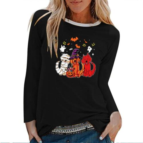 Dogs Pumpkin Bats Printing Halloween Long Sleeve T-shirts Women Autumn Winter Aesthetic Clothes Fashion Graphic Tee Harajuku Top