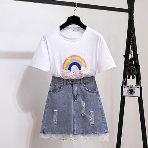 Cotton short sleeve T-shirt two-piece clothing set women casual outfit 2020 student sweatshirt denim shorts vestidos sequins top